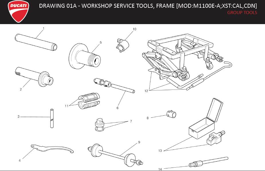 2DRAWING 01A - WORKSHOP SERVICE TOOLS, FRAME [MOD:M1100E-A;XST:CAL,CDN]; GROUP TOOLShttps://images.simplepart.com/images/parts/ducati/fullsize/MR_1100EVO_ABS_MY13_USA_EN072.jpg