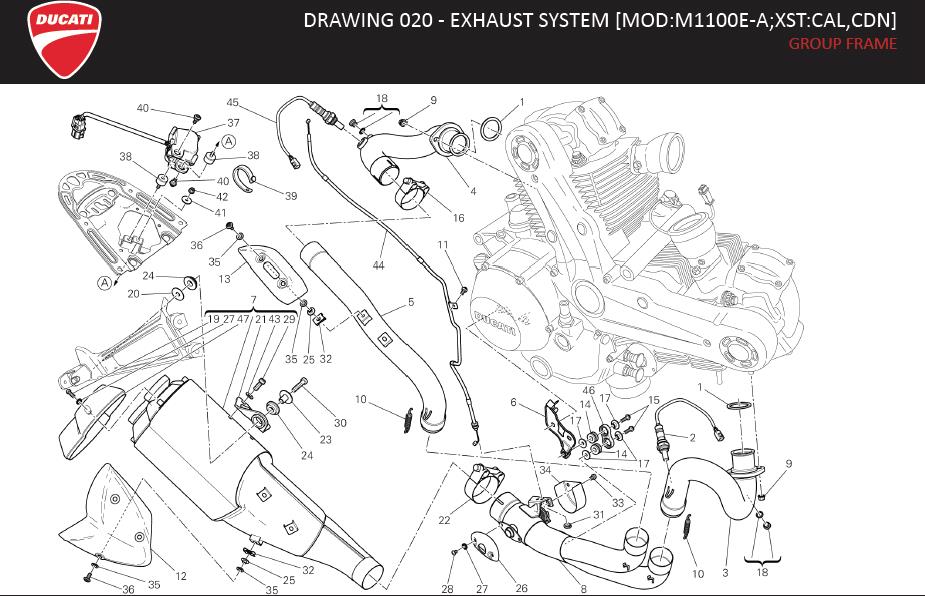 42DRAWING 020 - EXHAUST SYSTEM [MOD:M1100E-A;XST:CAL,CDN]; GROUP FRAMEhttps://images.simplepart.com/images/parts/ducati/fullsize/MR_1100EVO_ABS_MY13_USA_EN082.jpg