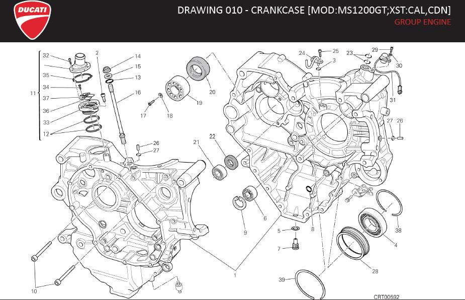 Diagram DRAWING 010 - CRANKCASE [MOD:MS1200GT;XST:CAL,CDN]; GROUP ENGINE for your 2004 Ducati Monster S4R Standard 