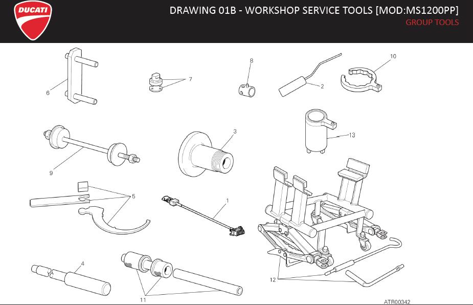 2DRAWING 01B - WORKSHOP SERVICE TOOLS [MOD:MS1200PP]; GROUP TOOLShttps://images.simplepart.com/images/parts/ducati/fullsize/MULTISTRADA_1200S_PIKES_PEAK_MY16_USA_EN068.jpg