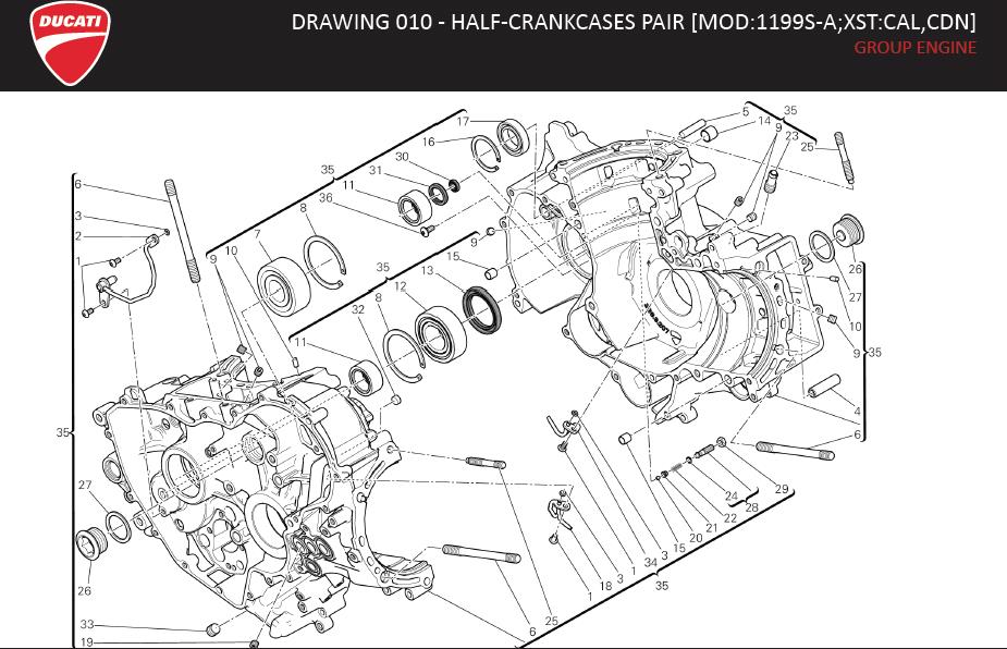 Diagram DRAWING 010 - HALF-CRANKCASES PAIR [MOD:1199S-A;XST:CAL,CDN]; GROUP ENGINE for your 2004 Ducati Monster S4R Standard 