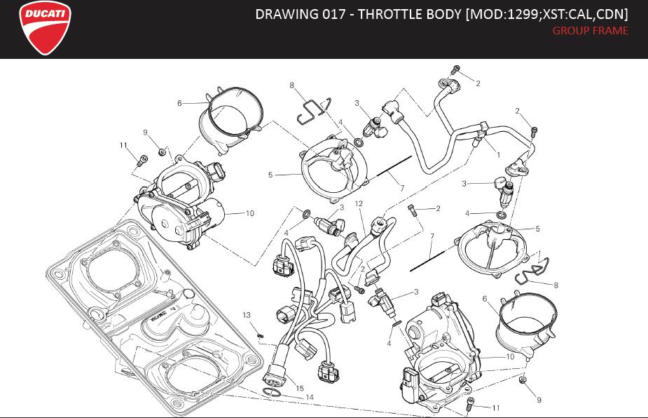 Diagram DRAWING 017 - THROTTLE BODY [MOD:1299;XST:CAL,CDN]; GROUP FRAME for your 2020 Ducati Monster   