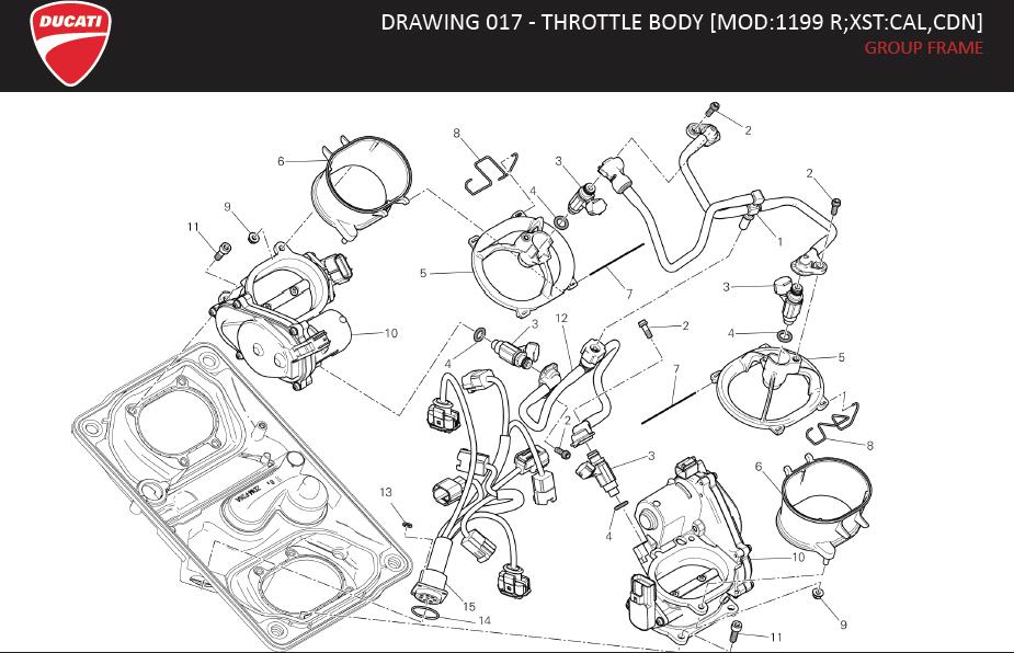 Diagram DRAWING 017 - THROTTLE BODY [MOD:1199 R;XST:CAL,CDN]; GROUP FRAME for your 2020 Ducati Monster   