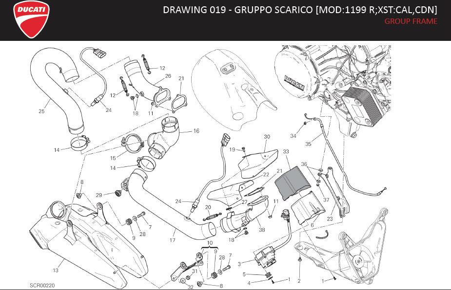 Full size assembly image of DRAWING 019 - GRUPPO SCARICO [MOD:1199 R;XST:CAL,CDN]; GROUP FRAME (1/1)
