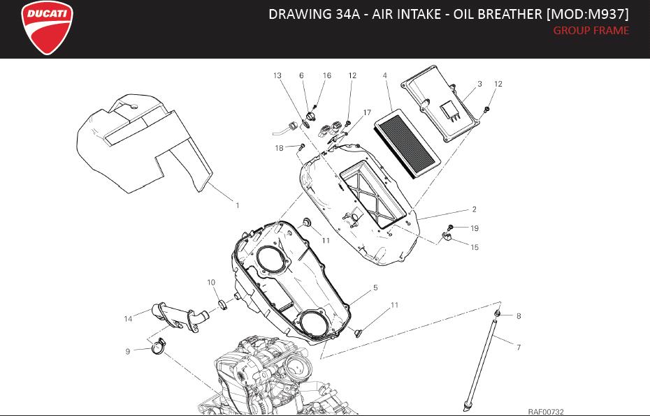 Diagram DRAWING 34A - AIR INTAKE - OIL BREATHER [MOD:M937]; GROUP FRAME for your Ducati Monster  