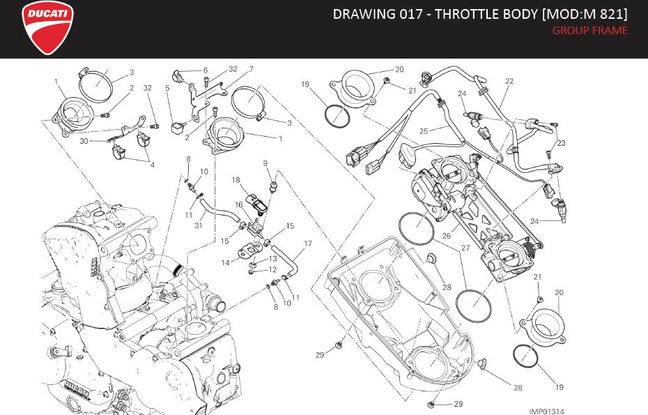 Diagram DRAWING 017 - THROTTLE BODY [MOD:M 821]; GROUP FRAME for your 2020 Ducati Monster   