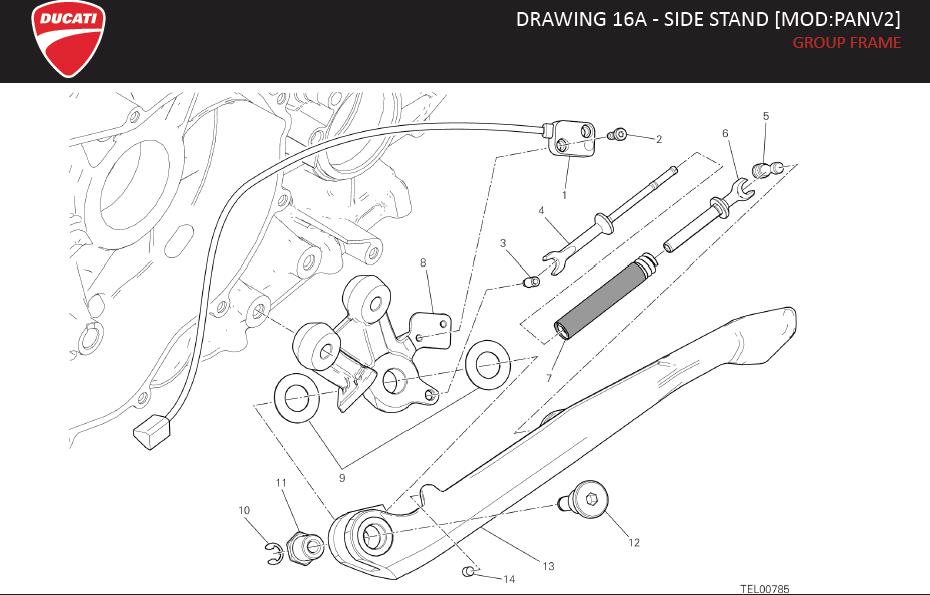 Diagram DRAWING 16A - SIDE STAND [MOD:PANV2]; GROUP FRAME for your 2011 Ducati Monster 696 Standard 