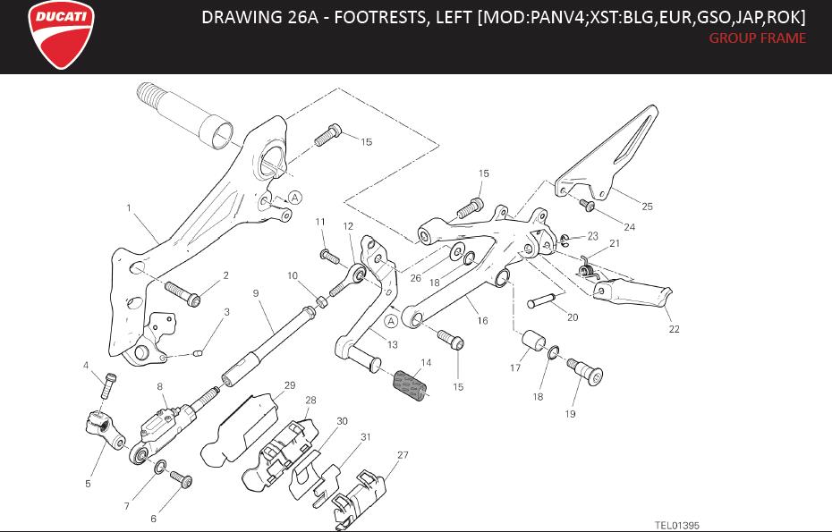 Diagram DRAWING 26A - FOOTRESTS, LEFT [MOD:PANV4;XST:BLG,EUR,GSO,JAP,ROK]; GROUP FRAME for your 2005 Ducati Monster S2R DARK 