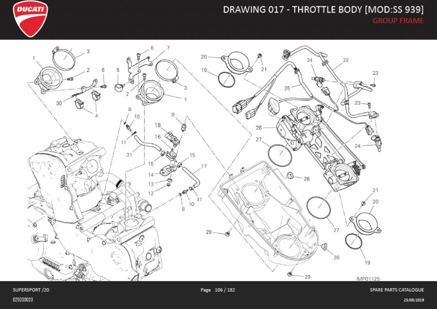 Diagram DRAWING 017 - THROTTLE BODY [MOD:SS 939]; GROUP FRAME for your 2020 Ducati Monster   