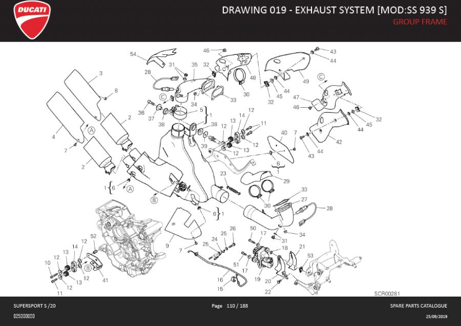 Diagram DRAWING 019 - EXHAUST SYSTEM [MOD:SS 939 S]; GROUP FRAME for your 2005 Ducati Monster S2R DARK 