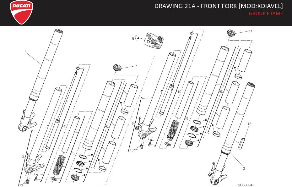 Diagram DRAWING 21A - FRONT FORK [MOD:XDIAVEL]; GROUP FRAME for your Ducati XDiavel  