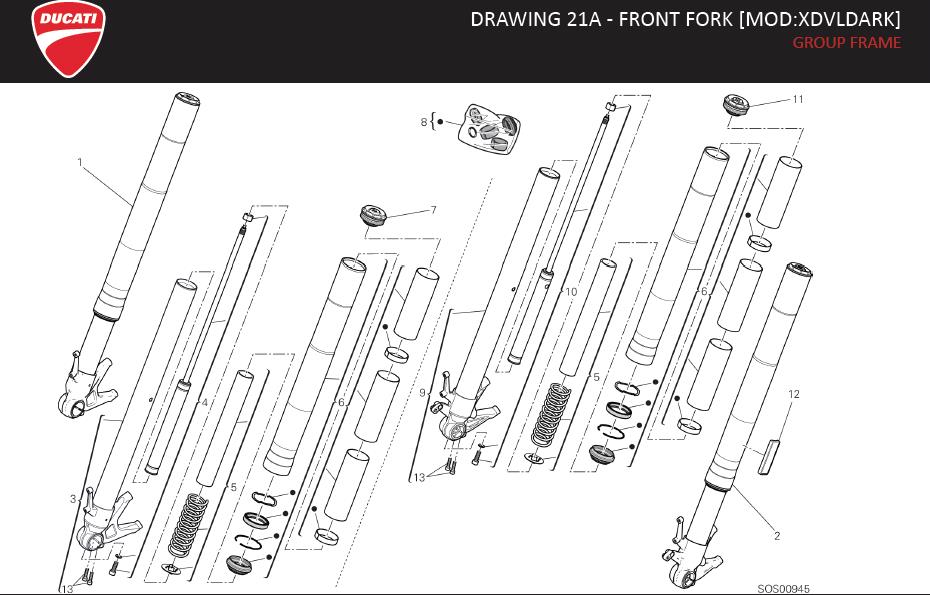 Diagram DRAWING 21A - FRONT FORK [MOD:XDVLDARK]; GROUP FRAME for your Ducati XDiavel  