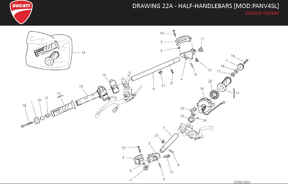 Diagram DRAWING 22A - HALF-HANDLEBARS [MOD:PANV4SL]; GROUP FRAME for your Ducati Superleggera  