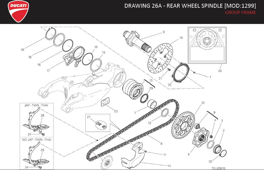 Diagram DRAWING 26A - REAR WHEEL SPINDLE [MOD:1299]; GROUP FRAME for your 2007 Ducati SportTouring ST3S ABS 