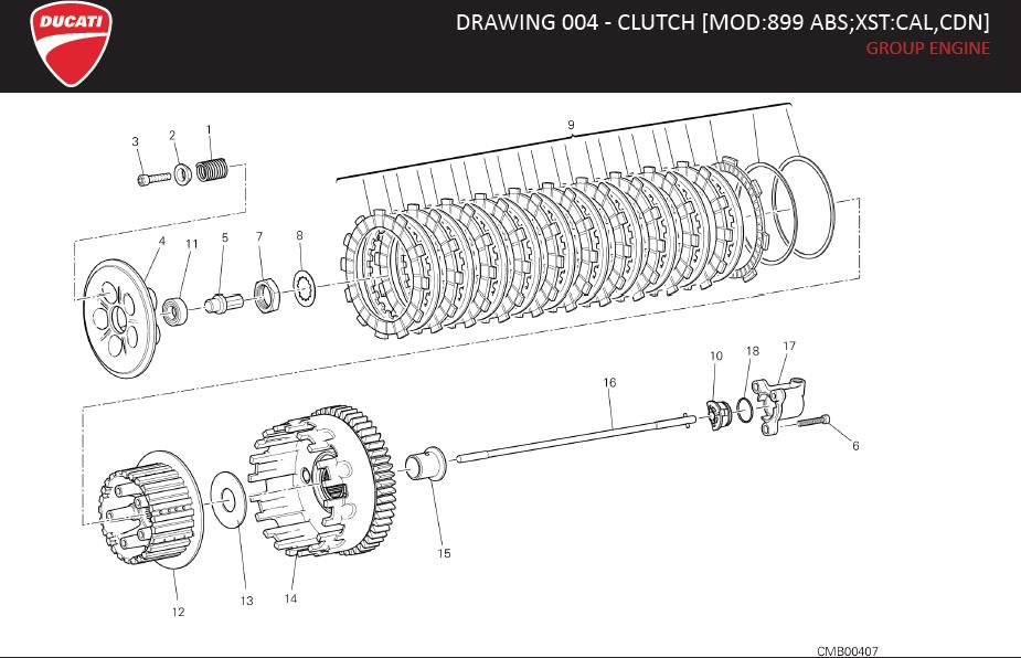 Diagram DRAWING 004 - CLUTCH [MOD:899 ABS;XST:CAL,CDN]; GROUP ENGINE for your 2013 Ducati Monster 1100 EVO 