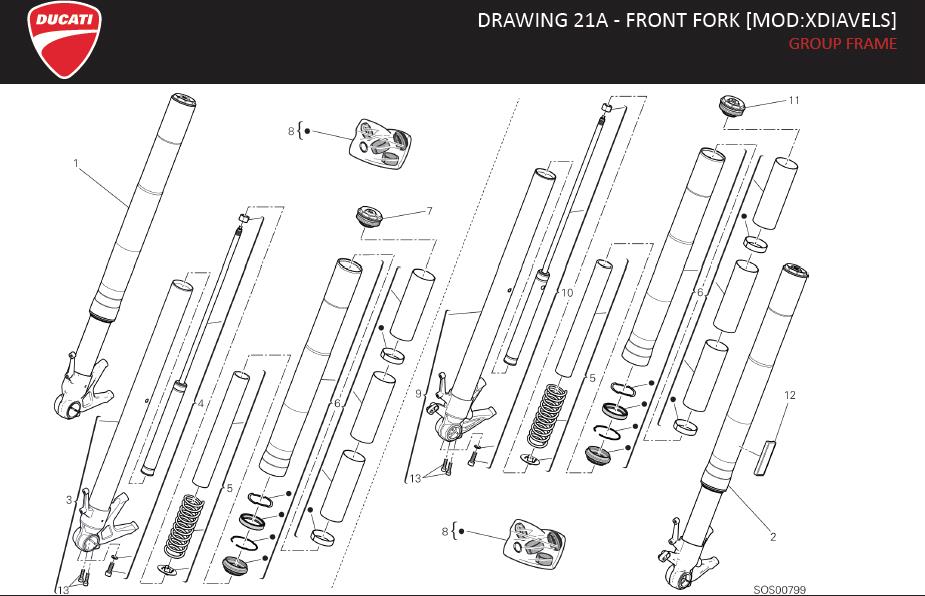 Diagram DRAWING 21A - FRONT FORK [MOD:XDIAVELS]; GROUP FRAME for your Ducati XDiavel  