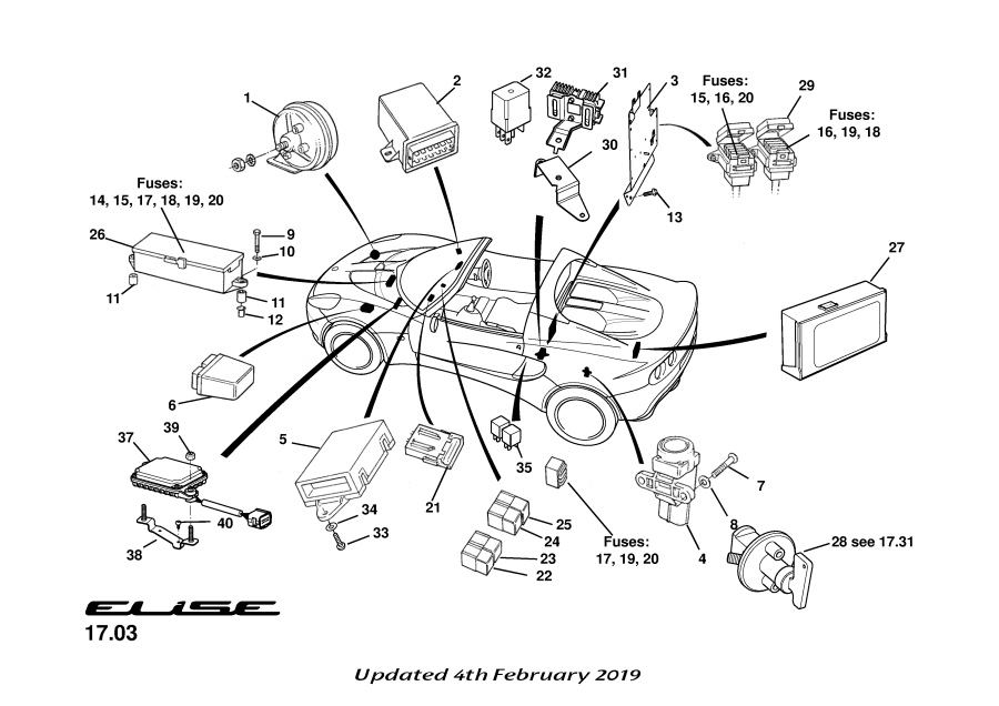 Full size assembly image of Horn, Inertia Switch, Modules, Fuses &amp; Relays (1/1)