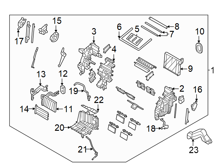 23Air conditioner & heater. Evaporator & heater components.https://images.simplepart.com/images/parts/motor/fullsize/1003117.png