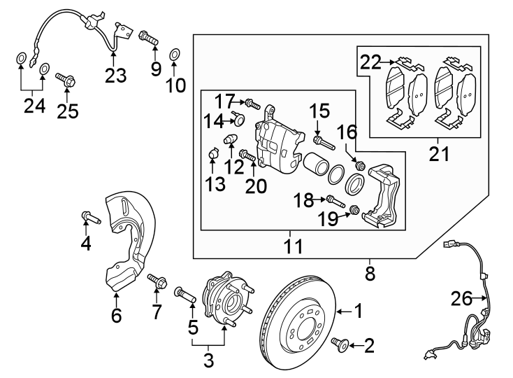 Diagram Front suspension. Brake components. for your 2022 Hyundai Elantra  Essential Sedan 