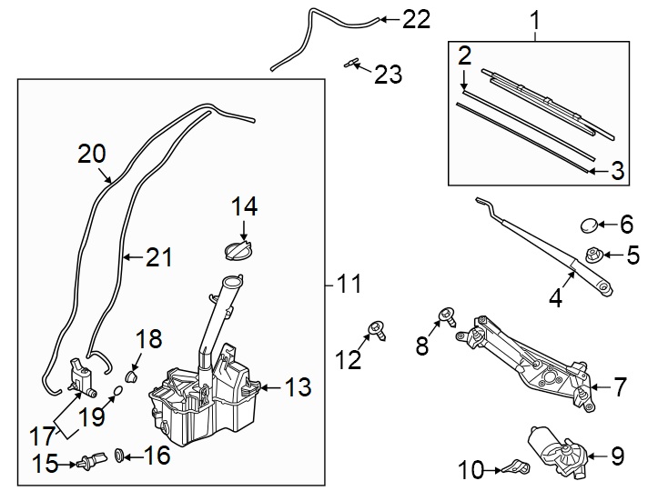 Diagram Windshield. Wiper & washer components. for your 2023 Hyundai Elantra   