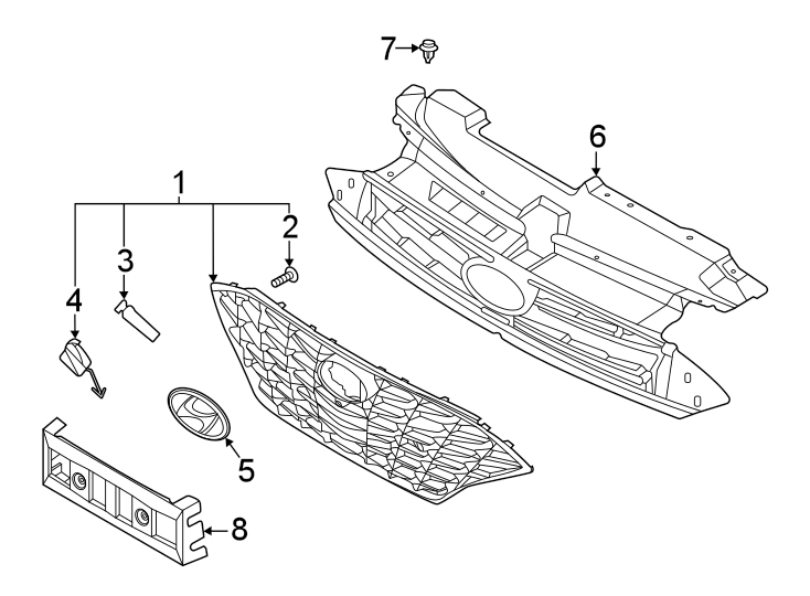 Diagram Front bumper & grille. Grille & components. for your 2021 Hyundai Ioniq   