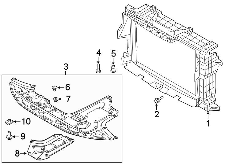 Diagram RADIATOR SUPPORT. SPLASH SHIELDS. for your 2021 Hyundai Elantra  Limited Hybrid Sedan 