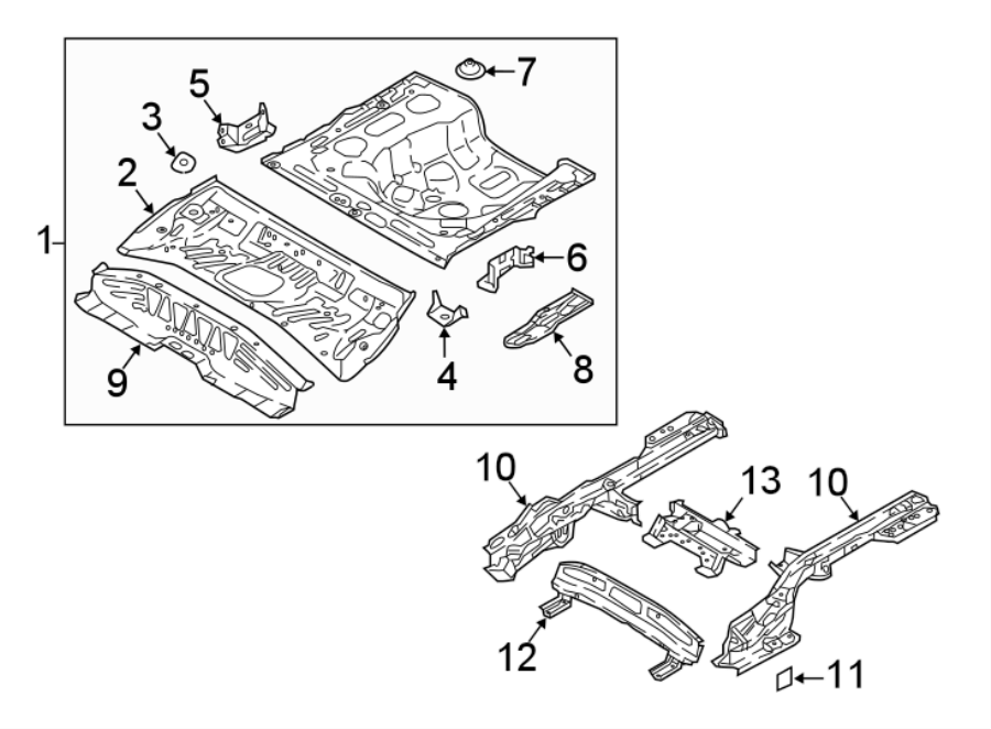 Full size assembly image of REAR BODY & FLOOR. FLOOR & RAILS. (1/1)