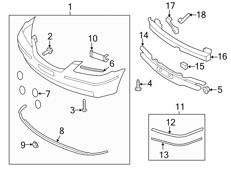 11FRONT BUMPER & GRILLE. BUMPER & COMPONENTS.https://images.simplepart.com/images/parts/motor/fullsize/1051010.png