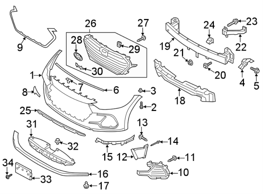 Diagram FRONT BUMPER & GRILLE. BUMPER & COMPONENTS. for your Hyundai Kona Electric  