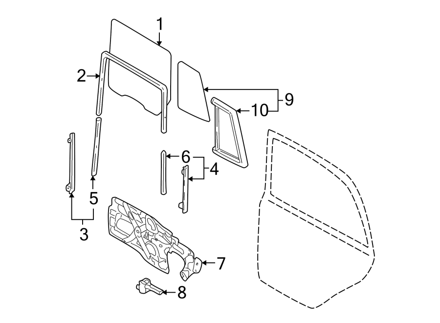 Diagram REAR DOOR. GLASS & HARDWARE. for your 2002 Hyundai Santa Fe  GLS Sport Utility 