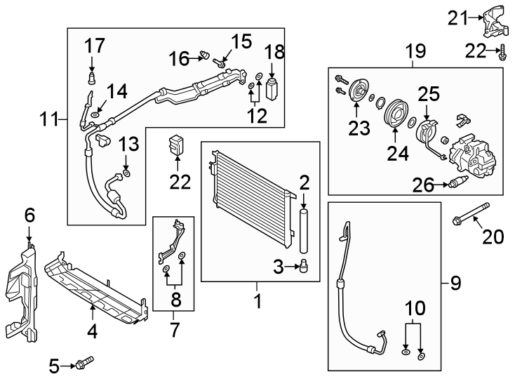 22Air conditioner & heater. Compressor & lines. Condenser.https://images.simplepart.com/images/parts/motor/fullsize/1064122.png