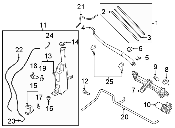 Diagram WINDSHIELD. WIPER & WASHER COMPONENTS. for your 2023 Hyundai Elantra   