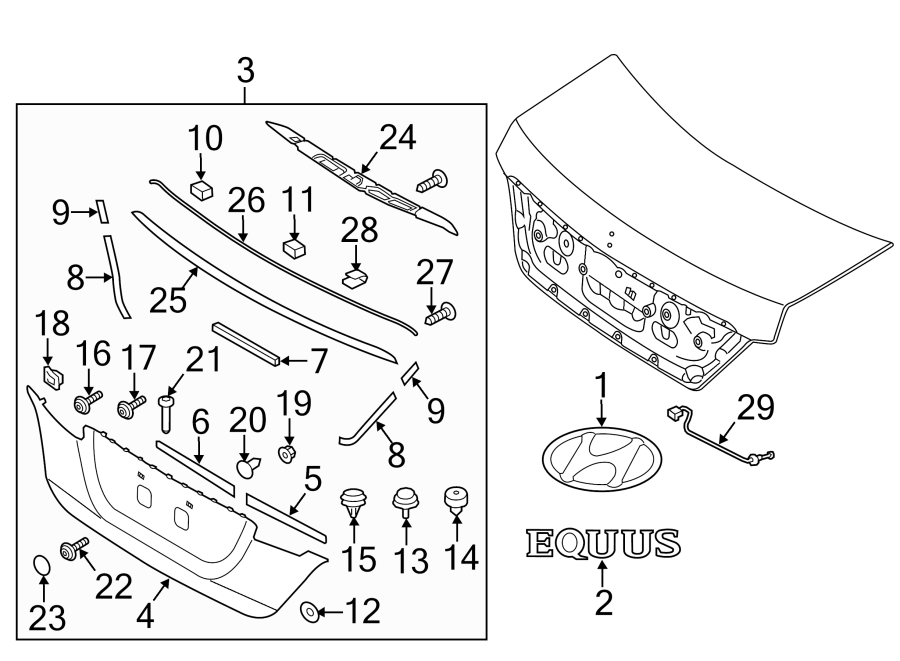 Diagram TRUNK LID. EXTERIOR TRIM. for your Hyundai