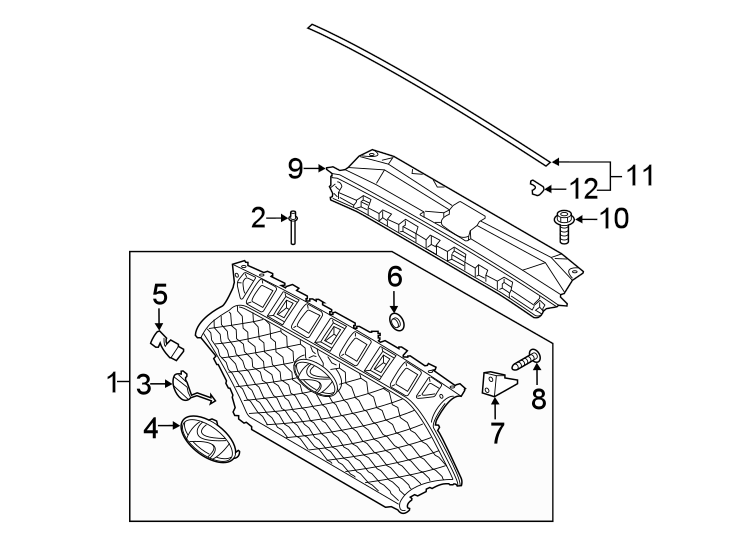 9FRONT BUMPER & GRILLE. GRILLE & COMPONENTS.https://images.simplepart.com/images/parts/motor/fullsize/1096018.png