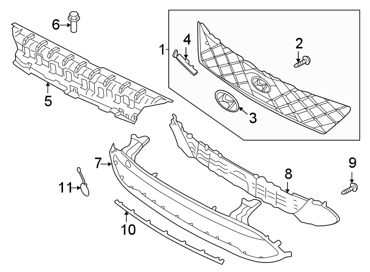 Diagram Front bumper & grille. Grille & components. for your 2022 Hyundai Kona   