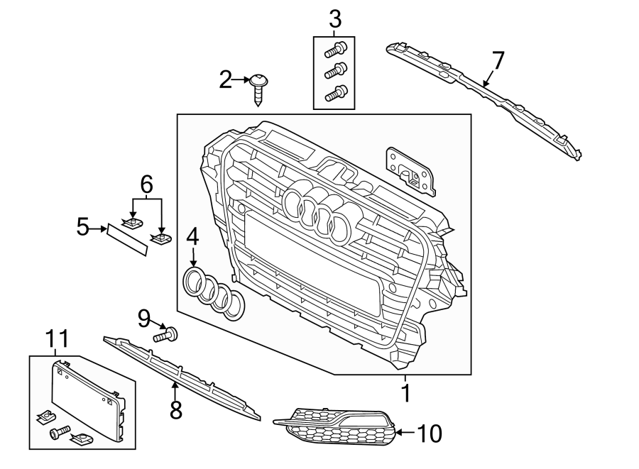 Diagram FRONT BUMPER & GRILLE. GRILLE & COMPONENTS. for your Audi RS5  