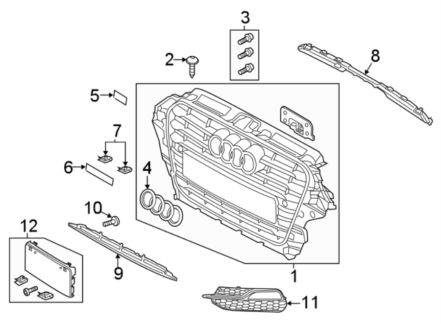 Diagram FRONT BUMPER & GRILLE. GRILLE & COMPONENTS. for your Audi RS5  