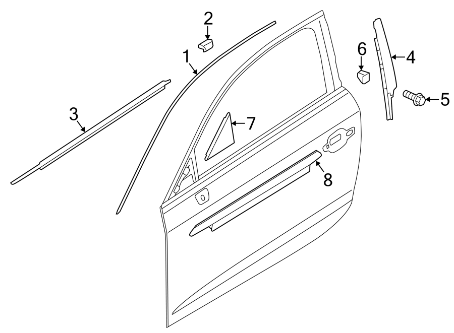 8Front door. Exterior trim.https://images.simplepart.com/images/parts/motor/fullsize/1312730.png