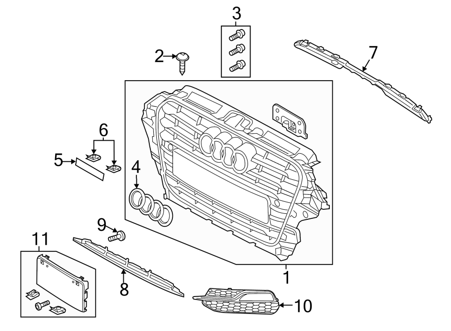 Diagram FRONT BUMPER & GRILLE. GRILLE & COMPONENTS. for your Audi RS5  