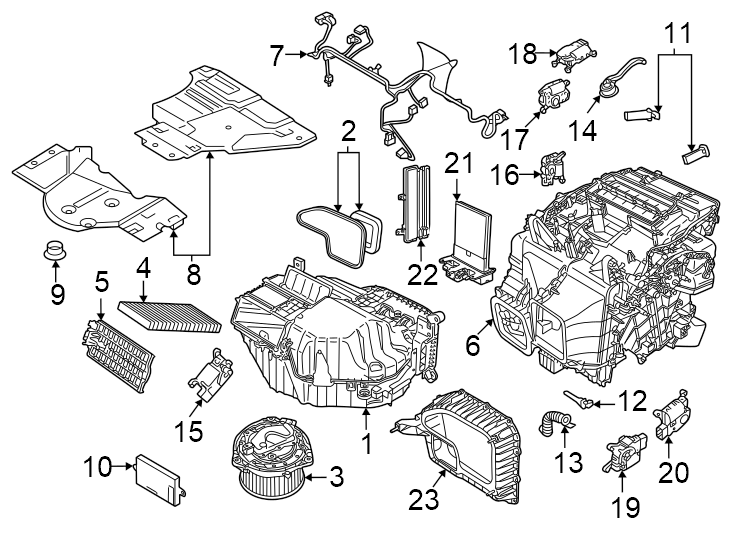 23Air conditioner & heater. Evaporator & heater components.https://images.simplepart.com/images/parts/motor/fullsize/1317105.png