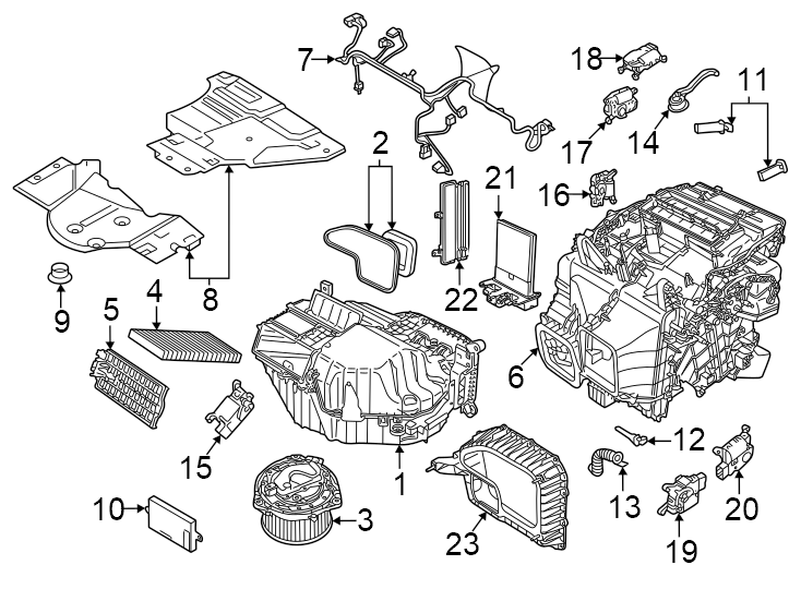 23Air conditioner & heater. Evaporator & heater components.https://images.simplepart.com/images/parts/motor/fullsize/1317107.png