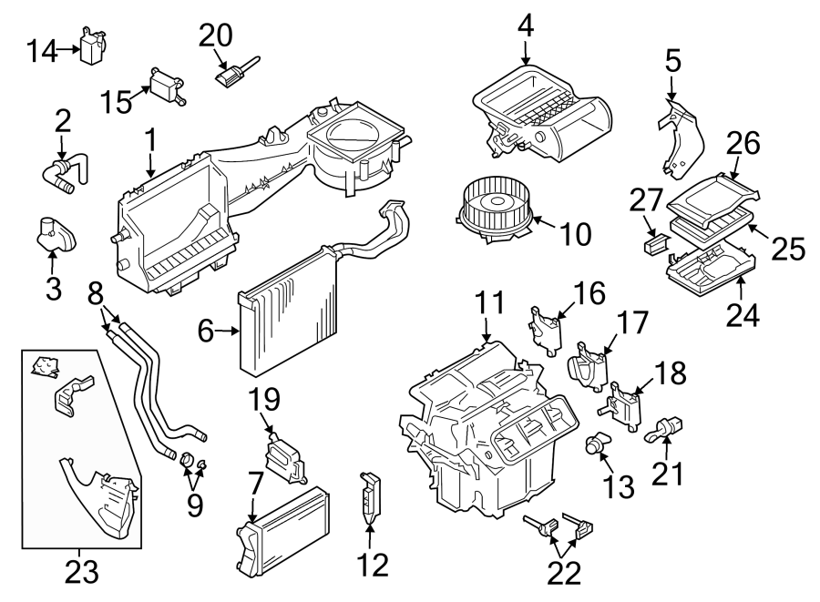 Air conditioner & heater. Evaporator & heater components.