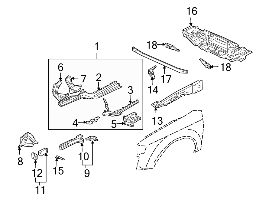 18Fender. Structural components & rails.https://images.simplepart.com/images/parts/motor/fullsize/1326125.png