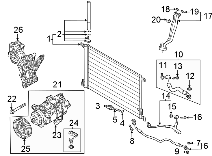 Air conditioner & heater. Compressor & lines. Condenser.