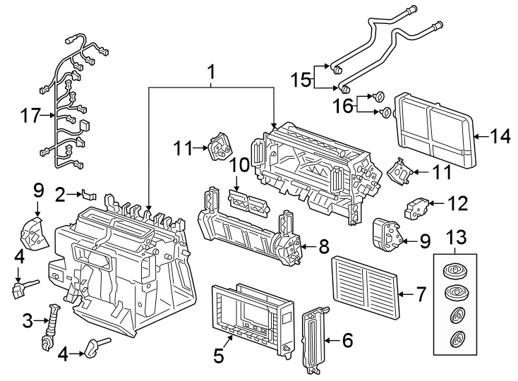 14Air conditioner & heater. Evaporator & heater components.https://images.simplepart.com/images/parts/motor/fullsize/1332147.png