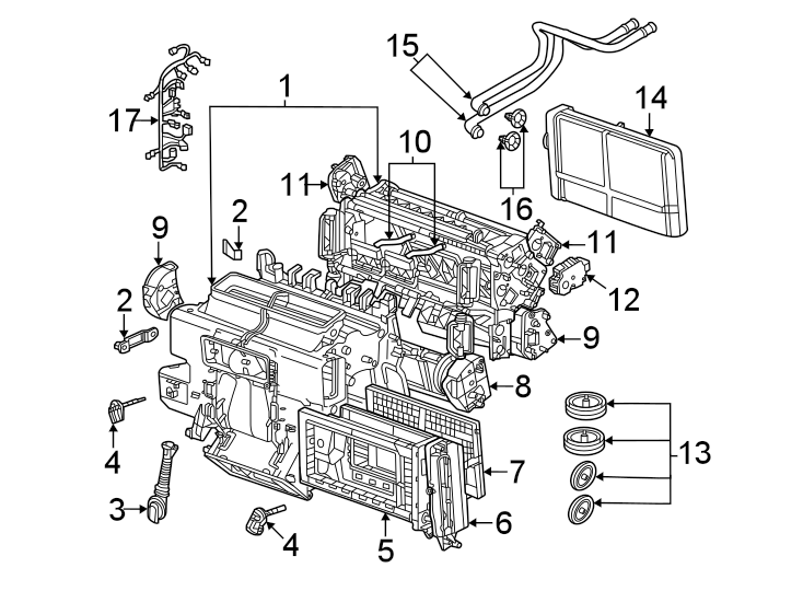 14Air conditioner & heater. Evaporator & heater components.https://images.simplepart.com/images/parts/motor/fullsize/1333125.png