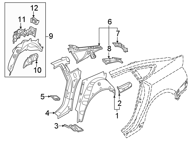 12Quarter panel. Inner structure.https://images.simplepart.com/images/parts/motor/fullsize/1335775.png