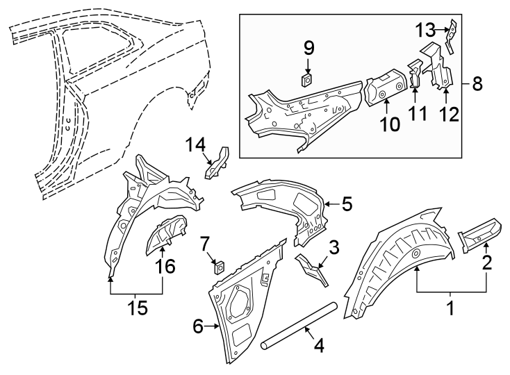 11Quarter panel. Inner structure.https://images.simplepart.com/images/parts/motor/fullsize/1335800.png