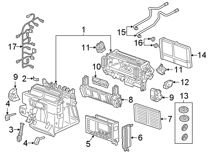 11Air conditioner & heater. Evaporator & heater components.https://images.simplepart.com/images/parts/motor/fullsize/1337125.png