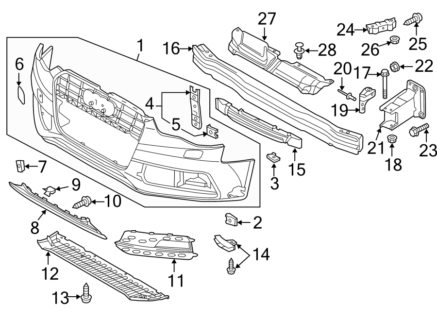 Front bumper & grille. Roof. Bumper & components.